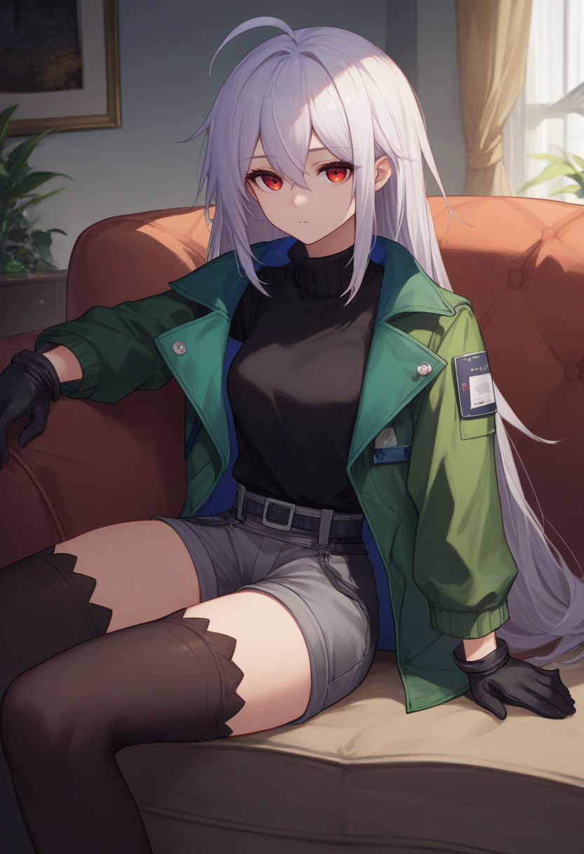 score_9, score_8_up, score_7_up, source_anime, solo, 1girl, skaditea, expressionless, looking at viewer, sitting, couch, ahoge, open clothes, green jacket, long sleeves, black sweater, turtleneck, black gloves, grey shorts, thighhighs, belt, indoors, living room <lora:arknights_skadi_ponyXL:1>