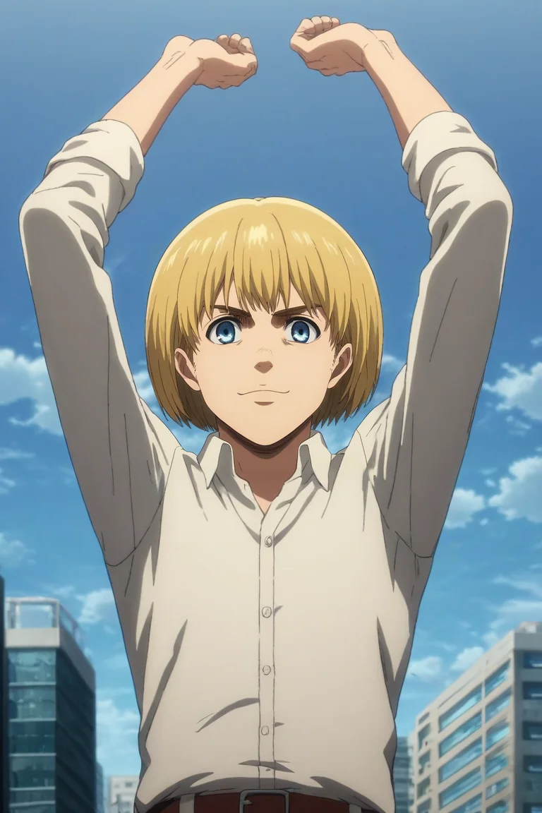 score_9, score_8_up, score_7_up, source_anime, rating_safe, , anime screencap, anime coloring, , looking at viewer, , 1boy, solo, male focus, <lora:armin_arlert_pony:1>, armin_arlert, blonde hair, blue eyes, short hair, bob cut, bangs, from below, city, city lights, dawn, arms up, smirk, , <lora:sdxl_lightning_8step_lora:1>