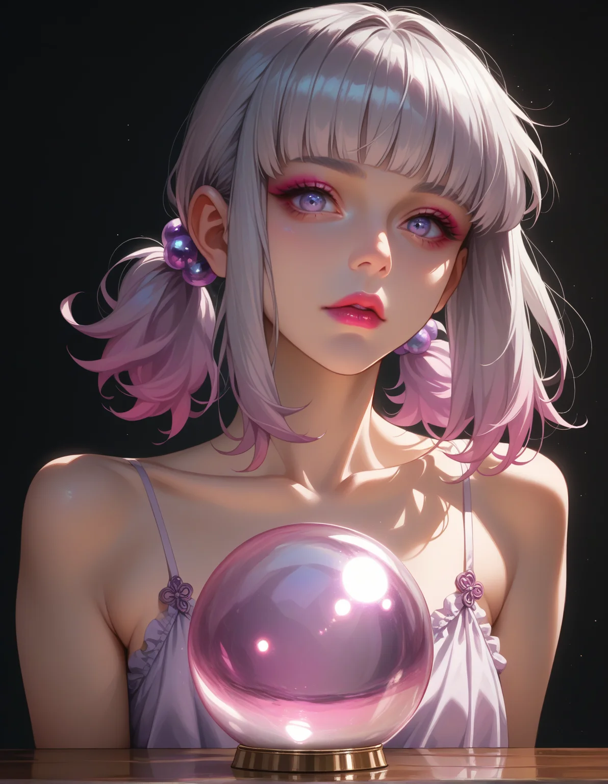 score_9, score_8_up, score_7_up, score_6_up, score_5_up, score_4_up, 1girl, solo, makeup, lipstick, 1girl, Silver, reflective, Kapoor, Lilac Sheer Chemise with Cutouts, Thin, Square Face, Bronze Skin, Long Nose, Thin Lips, Receding Chin, Pink satin lipstick, hair tie, silver Thick Hair Medium-Length Hair Bangs, with a lake reflection in the background, colorful peacock displaying its feathers in the foreground, hud_cryst4l_b4ll, glowing, crystal ball, orb, upper body, table, <lora:hud_cryst4l_b4ll_XLP:0.6>