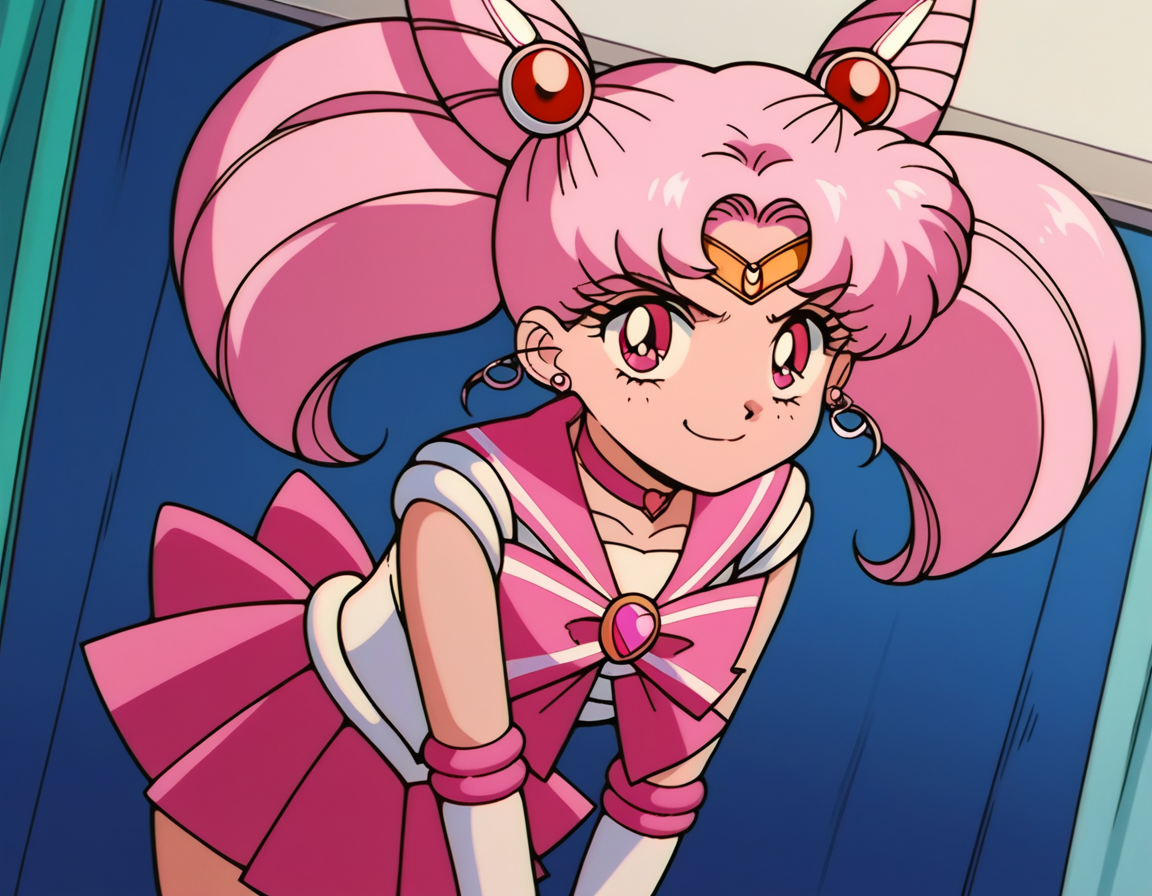 score_9, score_8_up, score_7_up, source_anime, <lora:chibiusa-tsukino-s3-ponyxl-lora-nochekaiser:1>, chibiusa, cone hair bun, double bun, hair bun, hair ornament, pink eyes, pink hair, short hair, twintails, circlet, parted bangs,, bow, brooch, choker, earrings, elbow gloves, gloves, heart, heart brooch, magical girl, pink bow, pink choker, pink sailor collar, pink skirt, pleated skirt, sailor collar, sailor senshi uniform, skirt, stud earrings, white gloves,, indoors, bent over, smile, smug, looking at viewer, solo,, cowboy shot, dutch angle