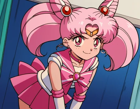 score_9, score_8_up, score_7_up, source_anime, <lora:chibiusa-tsukino-s3-ponyxl-lora-nochekaiser:1>, chibiusa, cone hair bun, double bun, hair bun, hair ornament, pink eyes, pink hair, short hair, twintails, circlet, parted bangs,, bow, brooch, choker, earrings, elbow gloves, gloves, heart, heart brooch, magical girl, pink bow, pink choker, pink sailor collar, pink skirt, pleated skirt, sailor collar, sailor senshi uniform, skirt, stud earrings, white gloves,, indoors, bent over, smile, smug, looking at viewer, solo,, cowboy shot, dutch angle