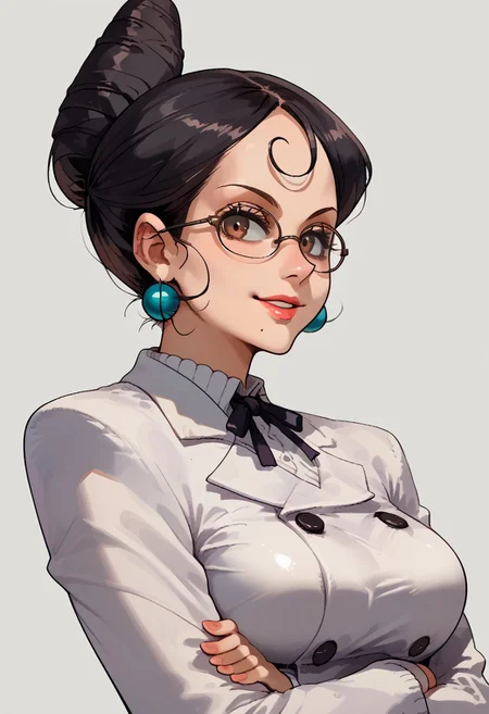 source_anime, score_9, score_8_up, score_7_up, vibrant colors, simple background, detailed, high quality, transparent background,
BREAK
upper body, absurdres, detailed hair, face focus, high detailed face, perfect face, perfect eyes, shiny eyes, lip gloss, shiny hair, brown eyes, glasses, ball earrings, large breasts, black hair, high bun hair, hair bun, mole under mouth, neck ribbon, double breasted blazer, long sleeves, crossed arms, perfect hands, perfect skin, texturized skin, large eyelashes, texturized fabric, seductive smile, suggestive expression