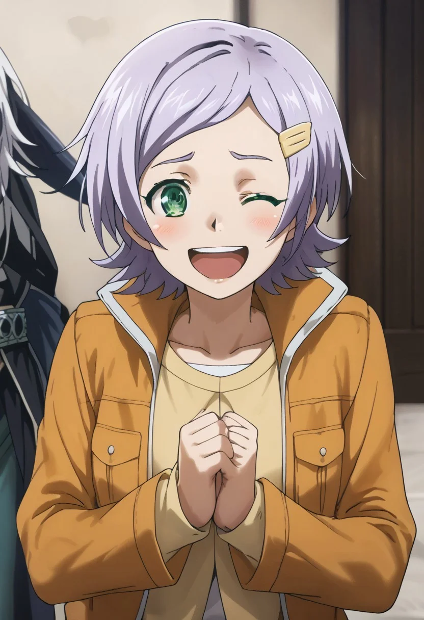 score_9, score_8_up, score_7_up, source_anime,masterpiece,best quality,highres,absurdres,official art,official style,source_anime,anime screencap,anime coloring,megami magazine,anime,animated,zPDXL2,skin highlights, (1girl), Goll_RoR,purple hair, short hair, green eyes, cowboy shot, hands clasped, blush, open mouth smile, one eye closed