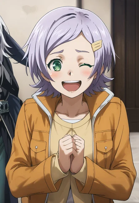 score_9, score_8_up, score_7_up, source_anime,masterpiece,best quality,highres,absurdres,official art,official style,source_anime,anime screencap,anime coloring,megami magazine,anime,animated,zPDXL2,skin highlights, (1girl), Goll_RoR,purple hair, short hair, green eyes, cowboy shot, hands clasped, blush, open mouth smile, one eye closed