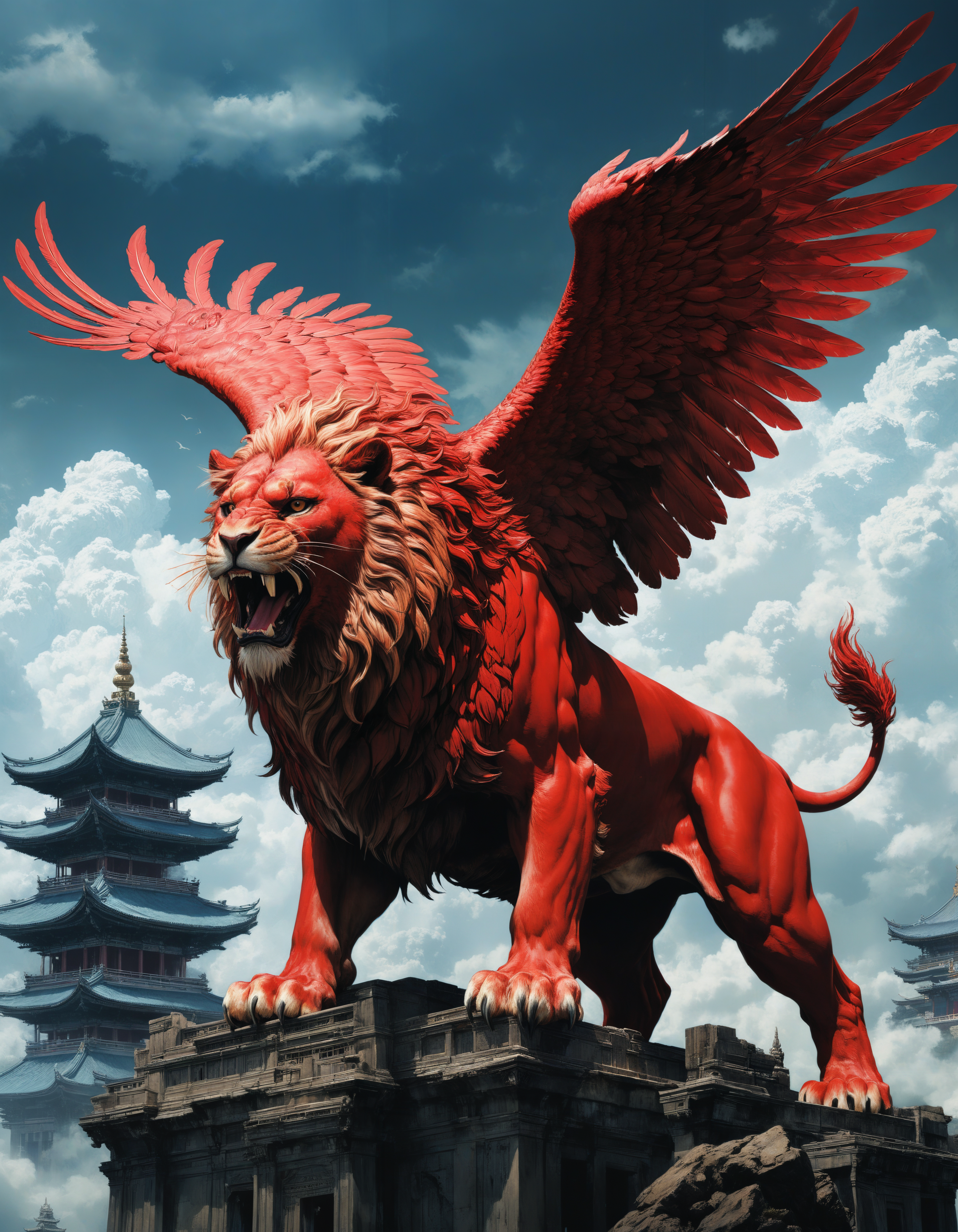by Yoji Shinkawa and Milo Manara, hyper realistic full view photo of  a (mythical creature, half-lion and half-eagle, guarding a sacred temple hidden in the clouds:1.1),  (dark , pleasant , red , bizarre , masterful:1.4), bold lines, hyper detailed, award winning, limited color palette, high contrast, depth of field, (intricate details, masterpiece, best quality:1.4)
dramatic cinematic lighting, film grain, looking at viewer, dynamic pose, wide angle panoramic view,
<lora:add-detail-xl:0.5> <lora:xl_more_art-full_v1:0.5> <lora:looking_at_viewer:2>