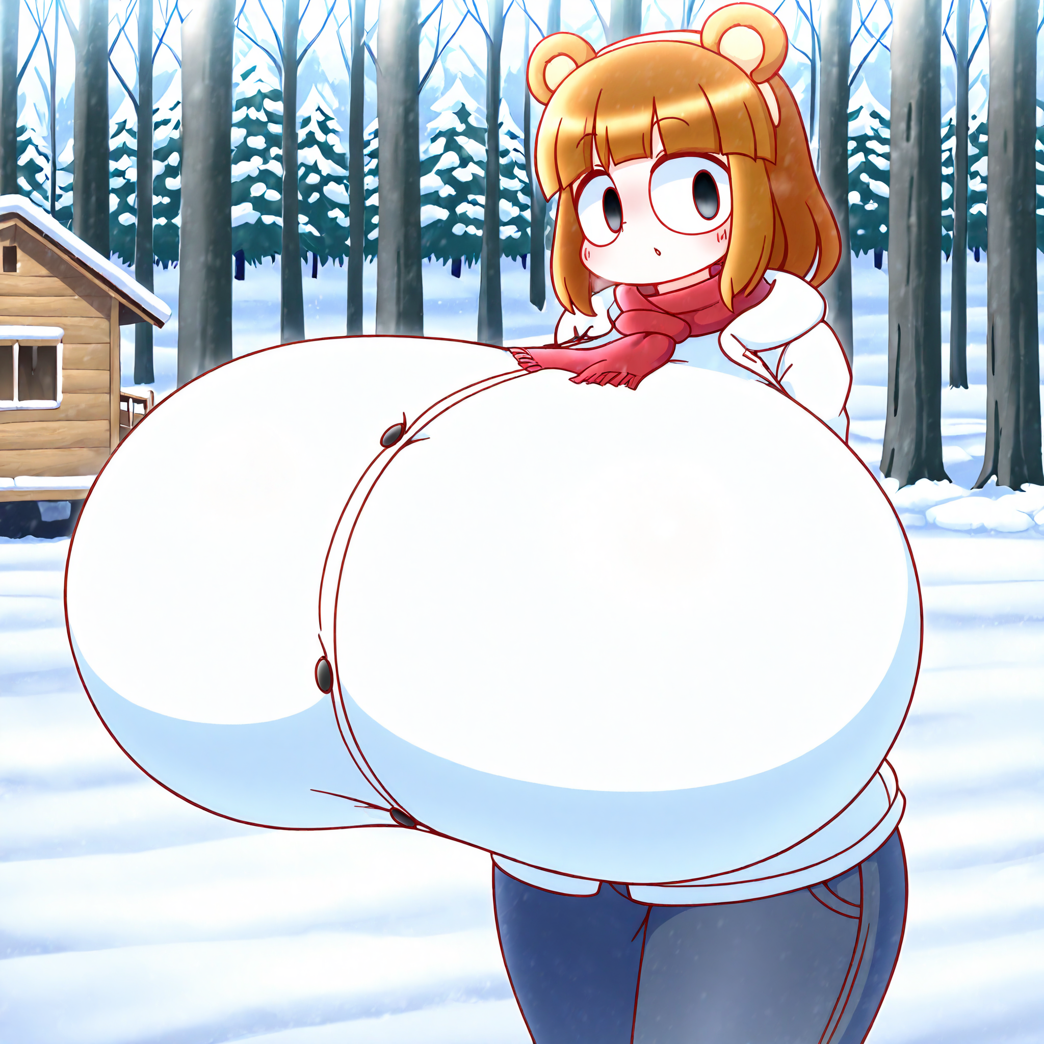 (masterpiece), best quality, (highly detailed), 1female, solo, <lora:Skapon_style_Illustrious:0.8>, bear ears, brown hair, black eyes, hyper breasts, wide hips, white winter coat, pants, fitting clothes, forest, snow, cabin, red scarf, looking at viewer, blank expression,