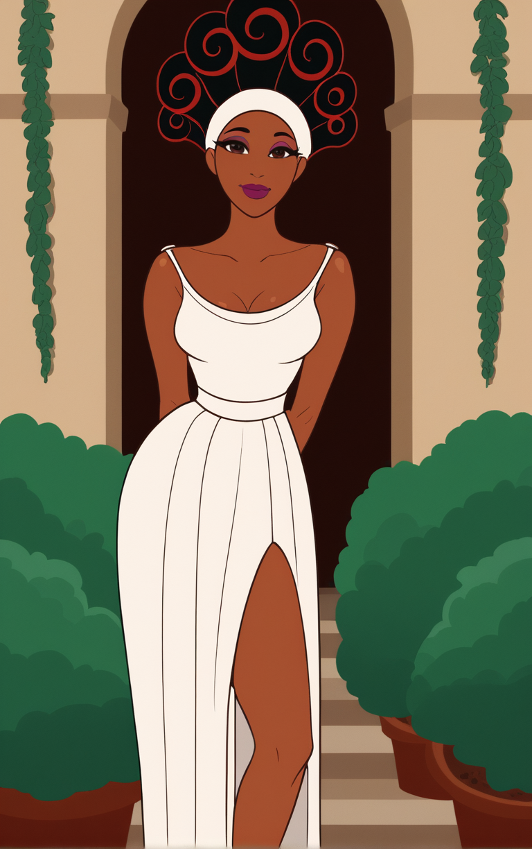 score_9, score_8_up, score_7_up, looking at viewer,  BREAK  
WhiteDress_Muse_Calliope_ownwaifu, 
1girl, afro, big hair, breasts, brown eyes, brown hair, curly hair, dark skin, dark-skinned female, eyeshadow, hair up, hairband, lips, long hair, makeup, very dark skin, lipstick, medium breasts, colored skin, 
white dress,  white headband, bare shoulders, cleavage, sleeveless dress, strap slip, bracelet, long dress, off shoulder, side slit,
(leaning forward, arms behind back), cowboy shot, garden, wisteria, outdoors, <lora:PONYXL_Hercules_Muse_Calliope_ownwaifu:0.85> , depth of field, solo,