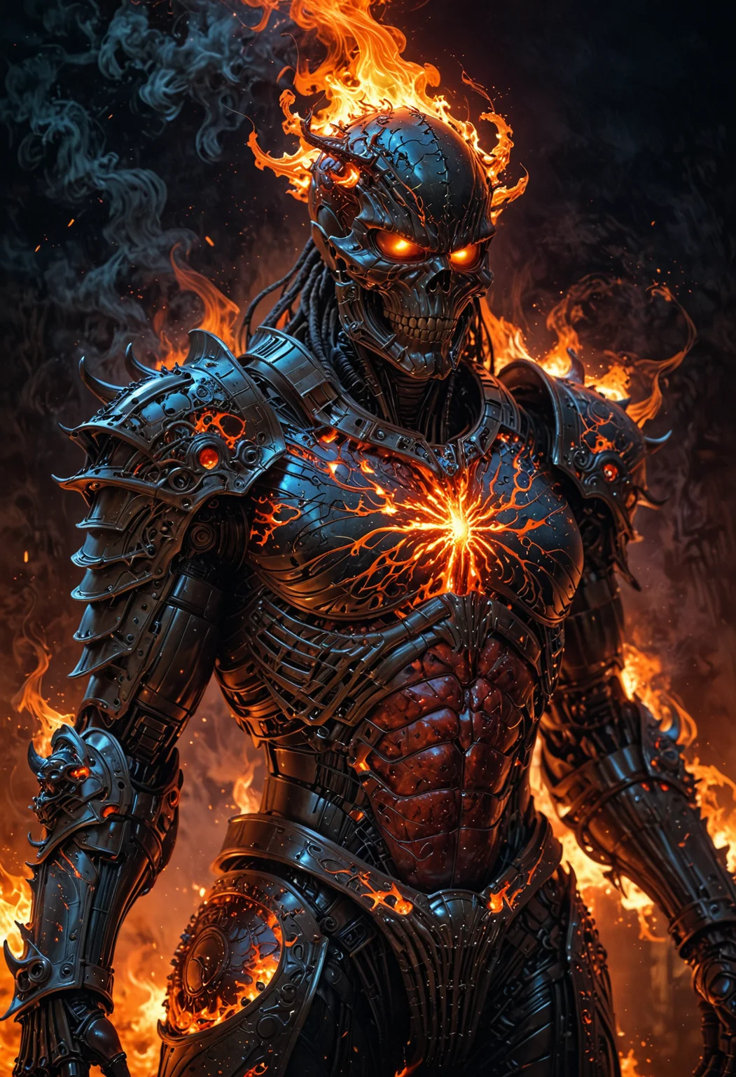 Create a photorealistic portrait of a celestial villain engulfed in flames, standing in a mystical, ethereal realm. The villain has a god-like presence, adorned in intricate, glowing armor with fiery accents that radiate power. The environment is a celestial plane with swirling fire and light, filled with floating embers and cosmic energy. Art style inspirations include H.R. Giger, Alex Grey, and John Harris. The image should have high resolution, with detailed textures on the armor and fiery background. Use dynamic lighting to emphasize the villain's divine and menacing aura, with a focus on intense, warm light and shadow play. Camera angle: low-angle shot to enhance the sense of power and grandeur. <lora:EpicF4nta5yXL:0.8>