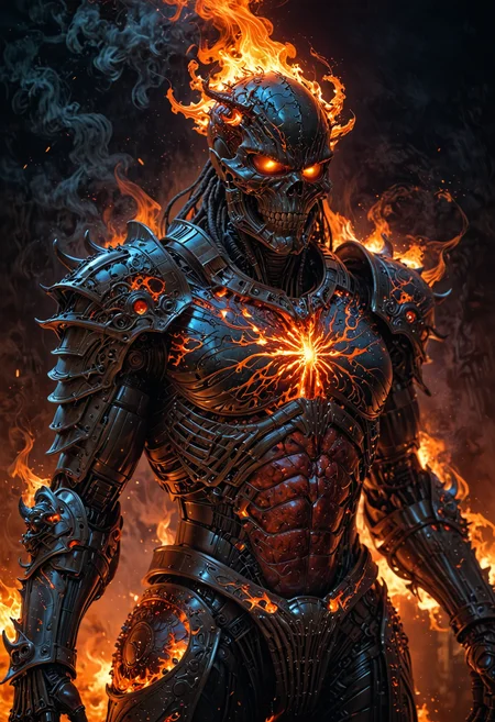 Create a photorealistic portrait of a celestial villain engulfed in flames, standing in a mystical, ethereal realm. The villain has a god-like presence, adorned in intricate, glowing armor with fiery accents that radiate power. The environment is a celestial plane with swirling fire and light, filled with floating embers and cosmic energy. Art style inspirations include H.R. Giger, Alex Grey, and John Harris. The image should have high resolution, with detailed textures on the armor and fiery background. Use dynamic lighting to emphasize the villain's divine and menacing aura, with a focus on intense, warm light and shadow play. Camera angle: low-angle shot to enhance the sense of power and grandeur. <lora:EpicF4nta5yXL:0.8>