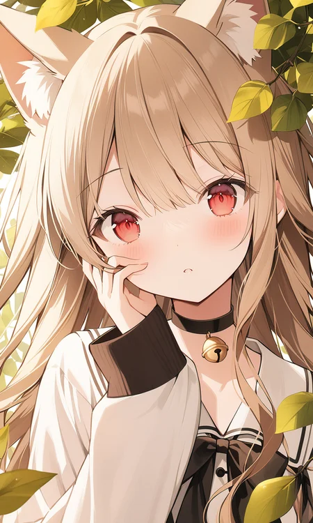 1girl, safe, solo, long hair, looking at viewer, blush, red eyes, animal ears, parted lips, choker, sleeves past wrists, black choker, bell, leaf, portrait, jingle bell, hand on own face