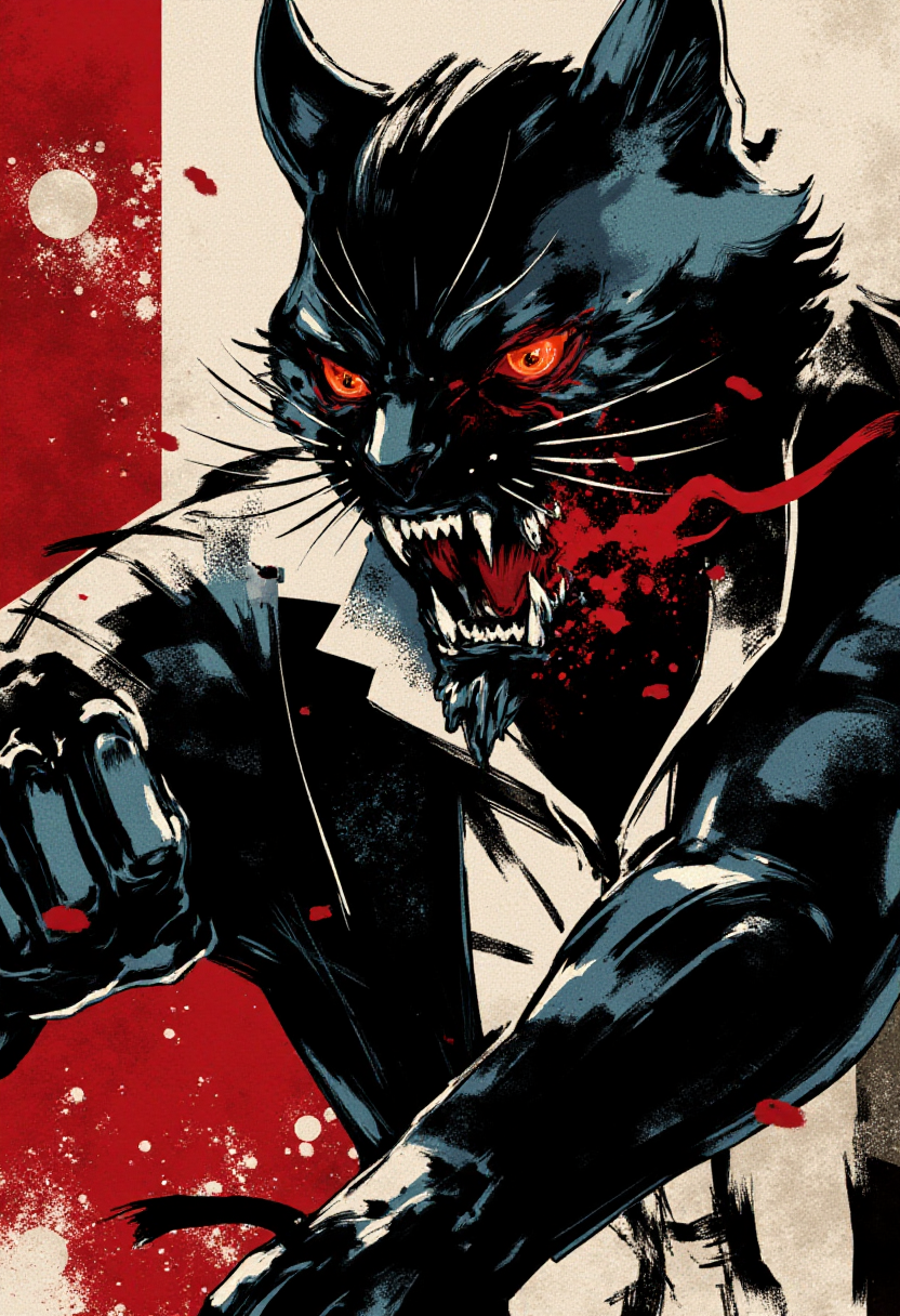 <lora:Yoji_Shinkawa_Style_FLUX-000012:0.8>
This image is a stylized digital illustration with a gritty yshinkawa cyberpunk anime aesthetic, showcasing  an angry cat hissing