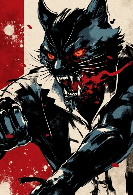 <lora:Yoji_Shinkawa_Style_FLUX-000012:0.8>
This image is a stylized digital illustration with a gritty yshinkawa cyberpunk anime aesthetic, showcasing an angry cat hissing