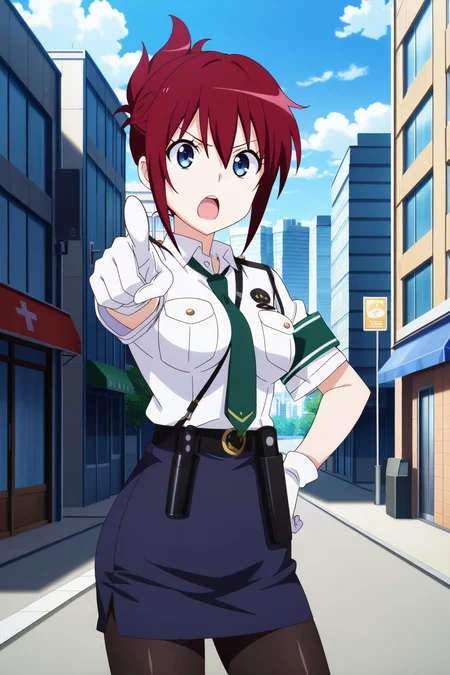 anime screenshot, anime coloring, sakurai aoi, 1girl, solo, red hair, folded ponytail, blue eyes, medium breasts, police uniform, white shirt, collared shirt, short sleeves, green necktie, armband, green armband, blue skirt, pencil skirt, black belt, white gloves, holster, black pantyhose, looking at viewer, open mouth, hand on own hip, pointing at viewer, cowboy shot, outdoors, city, street, blue sky, day, masterpiece, best quality, high quality, highres, absurdres, <lora:sakurai_aoi_ILXL_v2:0.9>
