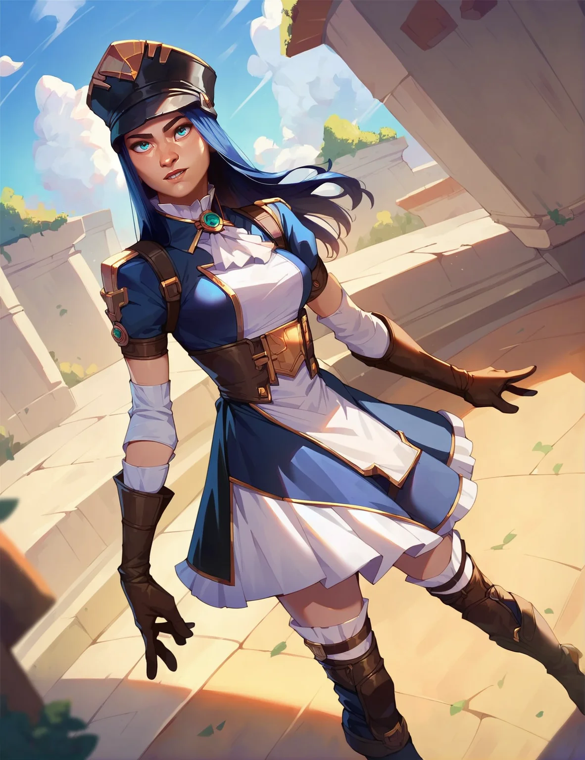 cat_k, <lora:caitlyn:0.7>, 1girl, blue hair, long hair,uniform, cap, sleeves, gloves, looking at viewer,full body, skirt, boots score_9, score_8_up, score_7_up,score_9, score_8_up, score_7_up,