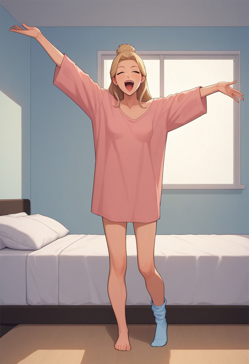 score_8, score_8_up, score_7_up, score_6_up, source_anime, bedroom, BREAK, 1girl, laying on bed, hot woman, sexy woman, solo focus, fully nude, blonde hair, long hair, stretching, bedhead, messy bun, looking down, aunt, mature woman, bored, very oversized pajama shirt, pajama shirt, wearing pajama shirt, bottomless, hot woman, open eyes, eyes open, loose pants, 1sock, wearing 1sock, clean, happy, yawn, open mouth, awake, full body, small breasts, looking at viewer, tiny feet, snapshot, masterpiece