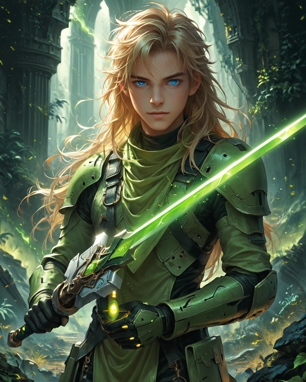 score_9, score_8_up, score_7_up, intricate details, rating_questionable, fantasy setting,
<lora:homri52:1>,
<lora:Plasma_Sword:1>,
1boy(human, young man, pale skin, long hair, blond hair, blue eyes, swedish, science fiction knight, holding a plasma sword, glowing green Plasma Sword, crackling green energy around the sword, solo, cowboy shot), alien battlefield, craters, trenches, detailed background, depth of field, 
best quality,
<lora:ral-chrosc-clr:0.5>, ral-chrosc-clr,
<lora:Expressive_H:0.5>
<lora:xl_more_art-full_v1:0.3>,
<lora:add-detail-xl:0.3>,