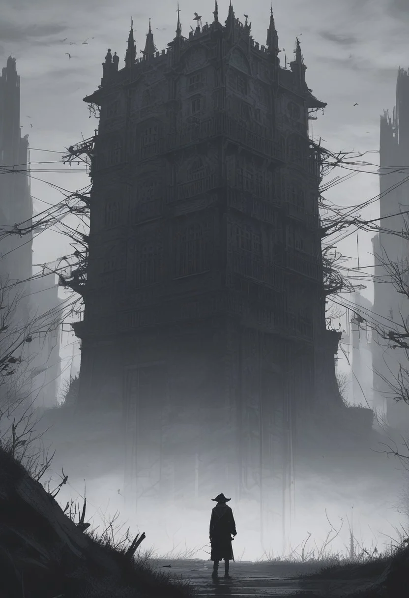 scenery, outdoor, masterpiece, best quality, ultra-detailed, (anime style), hires, dark fantasy, eerie atmosphere, uncultivated, loneliness, thriller theme, fog