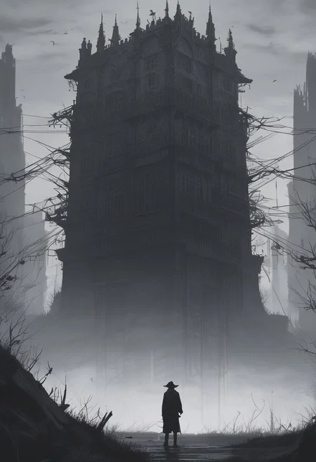 scenery, outdoor, masterpiece, best quality, ultra-detailed, (anime style), hires, dark fantasy, eerie atmosphere, uncultivated, loneliness, thriller theme, fog