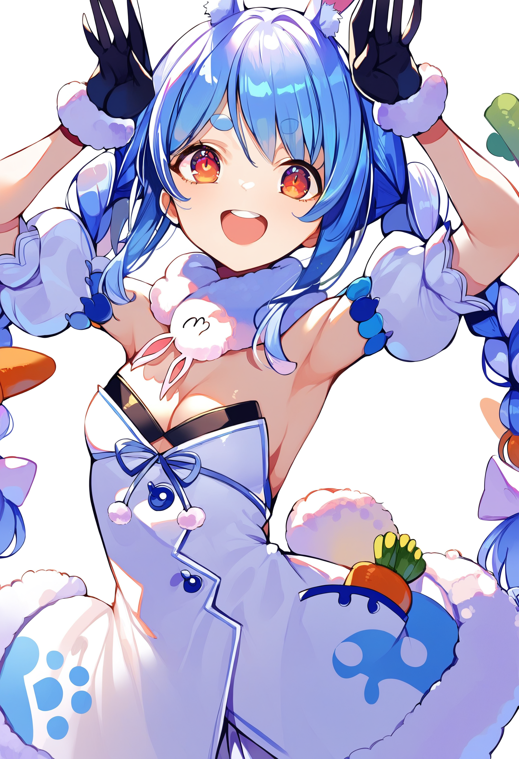 score_9, score_8_up, score_7_up, score_6_up, source anime,
usada pekora, rabbit girl, rabbit ears, animal ear fluff, rabbit tail, twin braids, carrot hair ornament, thick eyebrows,
usada pekora base, detached sleeves, black gloves, fur scarf, bare shoulders, white dress, black pantyhose, bridal garter, white shoes,
 open mouth, don-chan \(usada pekora\), looking at viewer, upper body, smile, rabbit pose, teeth, upper teeth only, :d, cleavage, arms up, symbol-shaped pupils
<lora:usada_pekora_v1:1>