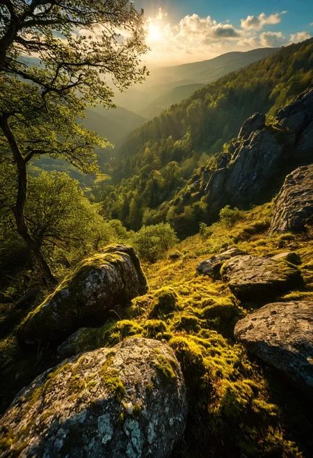 ultra HD, high quality, 4K, score_9, score_8_up, score_7_up, photo, extremely detailed, 8k, high quality, Source_photo, real photo, sharp, highly detailed and hyper realistic,masterpiece, masterpiece, best quality, vivid colors, high quality, RAW photo, Sweeping aerial view of a rugged forested valley merging with rocky countryside; rich textures of moss-laden boulders and sun-warmed foliage; dramatic low-angle, intimate close-up revealing delicate dewdrops on ancient oak bark; crisp 8K quality, masterpiece, intricate detailing; vibrant emerald and amber tones, soft natural gradients, and dynamic tracking perspective capturing undulating terrain; atmospheric interplay of dappled sunlight and gentle shadows over wild grasses and time-worn stone; sublime natural composition, emphatic realism, organic spatial balance, and tactile sensory depth. dream nature, primeval wild, picturesque cost, bright clouds, beautiful sky, sun, epic landscape, colorful scenery,
, detailmaximizer, midjourneyv6.1,
