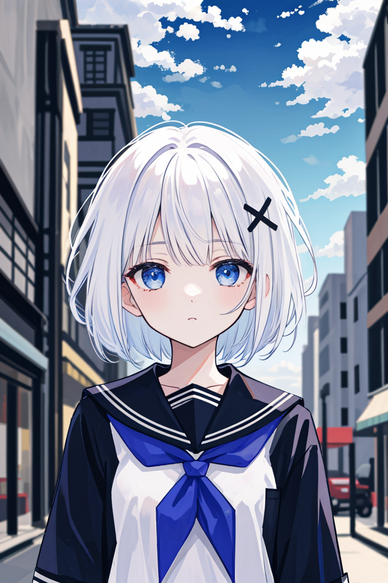 1girl, short hair, (white hair:1.2), x hair ornament, blue eyes, 
outdoors, detailed background, city, 
neckerchief, 
serafuku, 
 <lora:SiestaV1.0-000001:1> siesta diad,, <lora:LCM_LoRA_Weights_SD15:1>