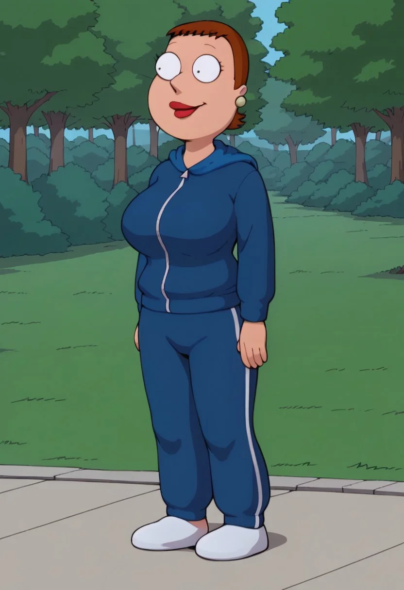 score_9_up, score_8_up, BREAK, high quality, Jennifer, 1girl, solo, brown hair, short hair, black eyes, derp eyes, lipstick, earrings, huge breasts, hips, thighs, hoodie, pants, white footwear, outdoors, forest