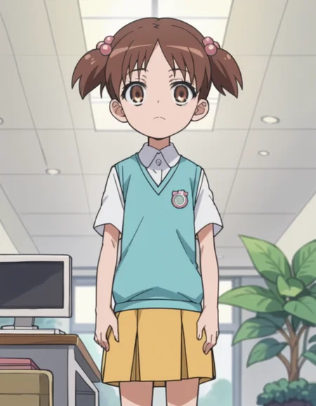 score_9, score_8_up, score_7_up, source_anime, <lora:kana-hazamaya-s1-ponyxl-lora-nochekaiser:1>, kana hazamaya, short hair, brown hair, hair ornament, twintails, brown eyes, hair bobbles, short twintails, child, anime screencap,, skirt, school uniform, sweater vest, blue sweater vest,, home office, working from home, computer screen, coffee cup, focus, deadline, , hands on own knees, looking at viewer, solo,, dutch angle, cowboy shot