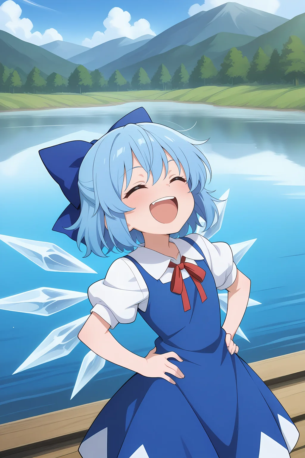 absurdres, highres, masterpiece, best quality, amazing quality, official anime artwork, screencap, anime screencap, outdoors, frozen lake, ice, hands on hips, open mouth, closed eyes, looking up, laugh, on a lake, head leaned back, leaned back,
<lora:Cirno_Illustrious:1> cirno, 1girl, solo, blue hair, short hair, ice wings, ice,, bow, hair bow, dress, blue dress, short sleeves, blue bow, puffy sleeves, red ribbon,