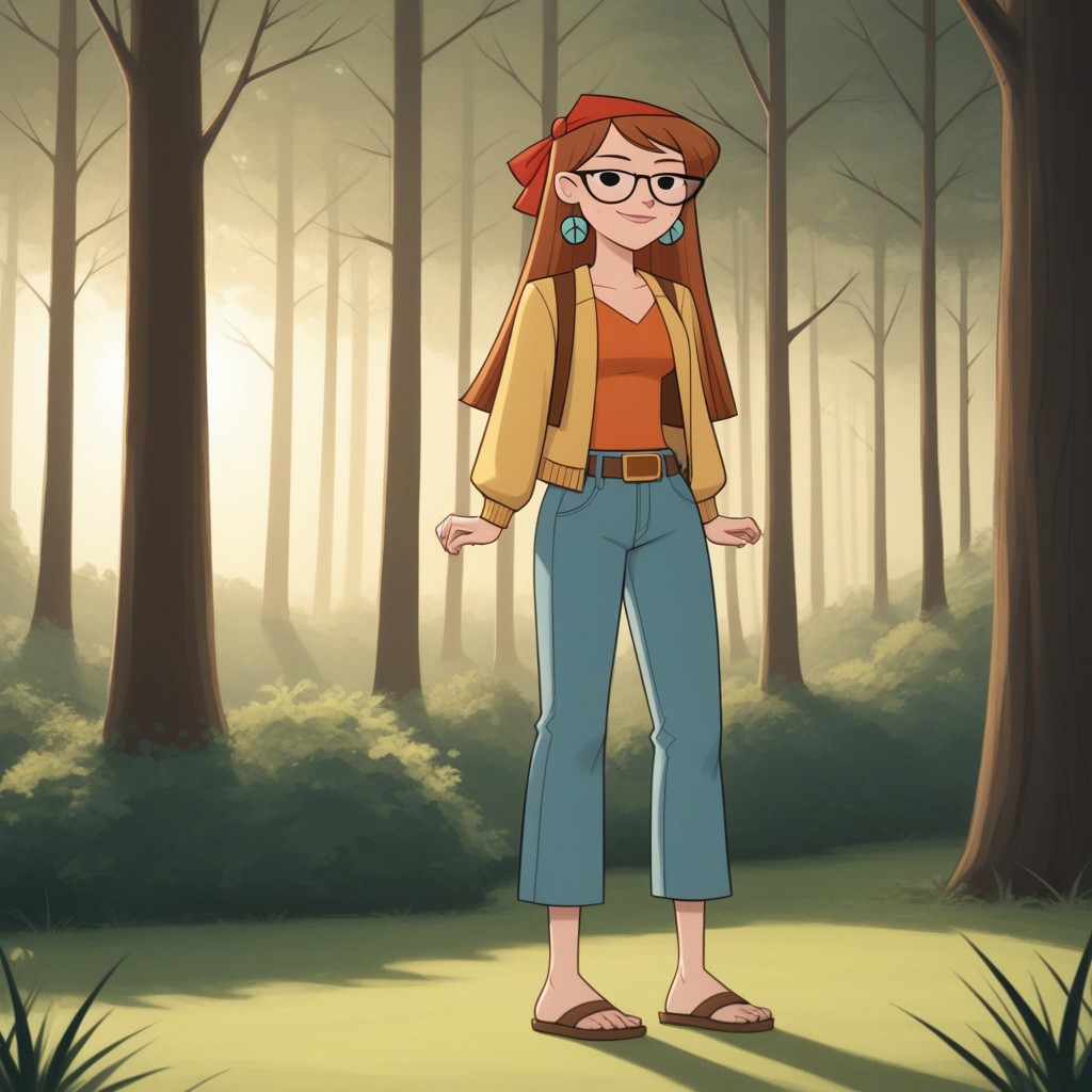 score_9, score_8, BREAK, bandana, auburn hair, glasses, freckles, lips, peace symbol earrings, long sleeves, mini-jacket, long jeans, flip flops, total drama, miles_(\total_drama\), belt, black eyes, sexy pose, smile, outdoors, sunlight, shadows, evening lighting, natural lighting, forest, trees, grass, orange sky, sunset