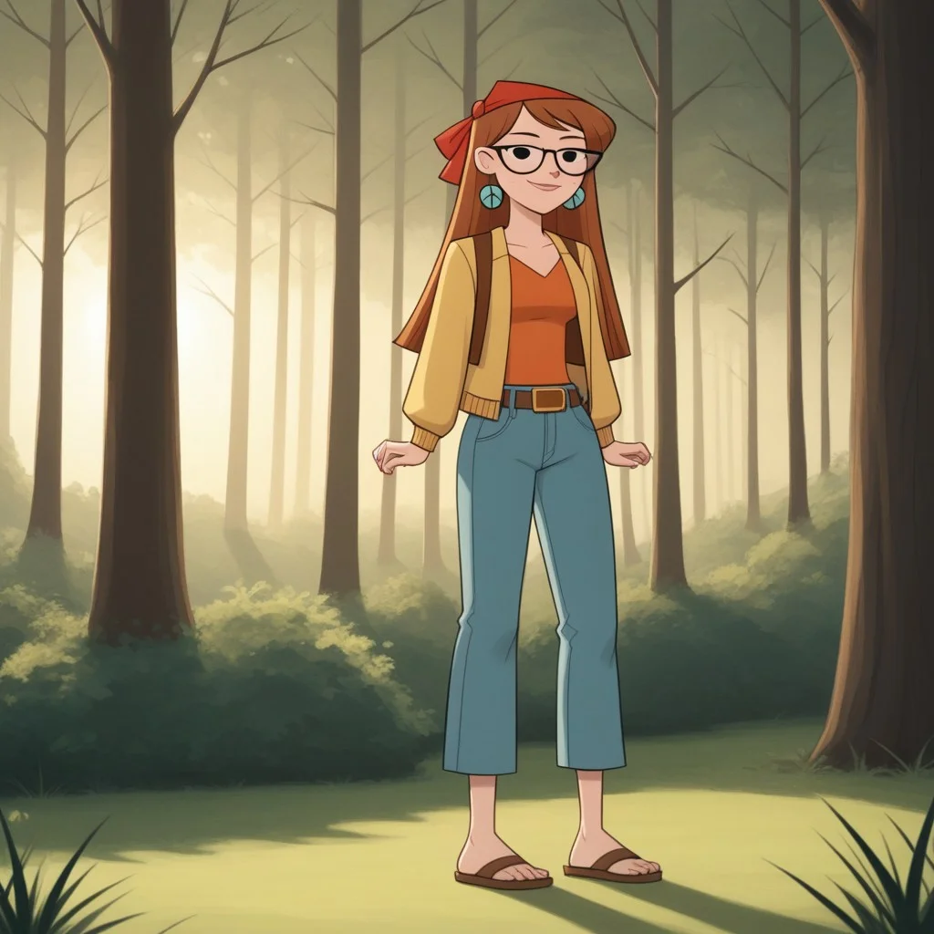 score_9, score_8, BREAK, bandana, auburn hair, glasses, freckles, lips, peace symbol earrings, long sleeves, mini-jacket, long jeans, flip flops, total drama, miles_(\total_drama\), belt, black eyes, sexy pose, smile, outdoors, sunlight, shadows, evening lighting, natural lighting, forest, trees, grass, orange sky, sunset