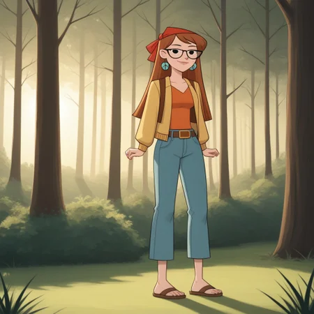 score_9, score_8, BREAK, bandana, auburn hair, glasses, freckles, lips, peace symbol earrings, long sleeves, mini-jacket, long jeans, flip flops, total drama, miles_(\total_drama\), belt, black eyes, sexy pose, smile, outdoors, sunlight, shadows, evening lighting, natural lighting, forest, trees, grass, orange sky, sunset