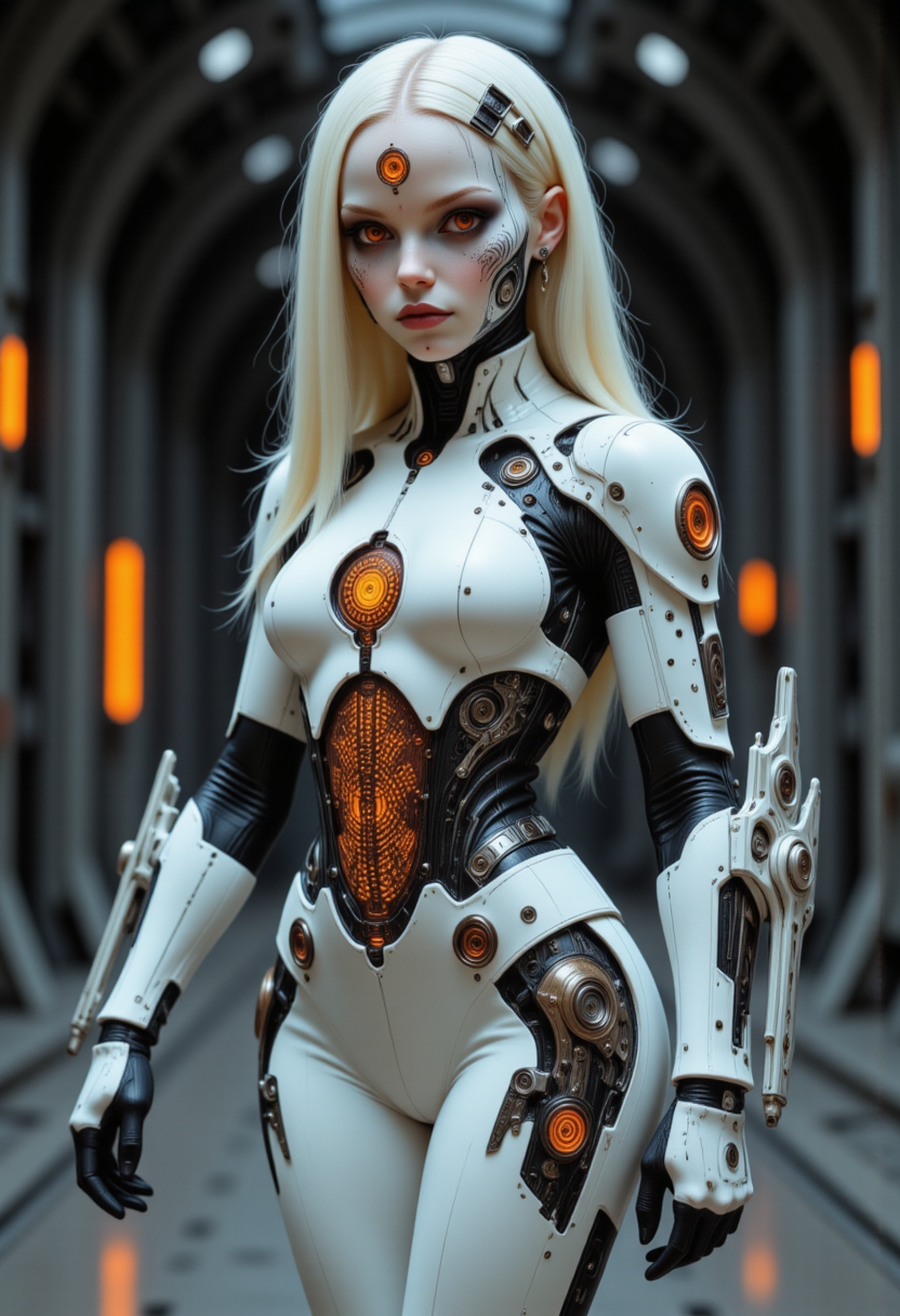 she is smiling, profile full body view, dynamic angles, she is looking at the camera, multiple angles,looking at camera, photoshoot poses;  she is standing. a photo of a cyborg, with blonde hair, retro50s_style, a female cyborg wearing white cybernetic armor with gold accents.  she has a orange colored orb in her forehead, she has human ears, she has a orange glowing arc reactor in her chest, Her cleavage and midriff are visible. She is holding a lighsaber in each hand and running through a dark alien spaceship. She has a slight smile on her face and is looking directly at the camera. making this image a masterpiece of photography and digital art. realistic. making this image a masterpiece of photography and digital art. Style: realistic hyper-detailed rendering, 32k UHD, expressive eyes, punk, graphic design, girl's face, pretty and cute, gleaming lips, telling a tale of adventure. Exuding confidence and serenity. The overall mood of the image is happy and relaxed,detailed skin texture,(blush:0.2),(goosebumps:0.3),subsurface scattering,whimsical,Detailed hand, Perfect hand. Perfection style.,Niji style