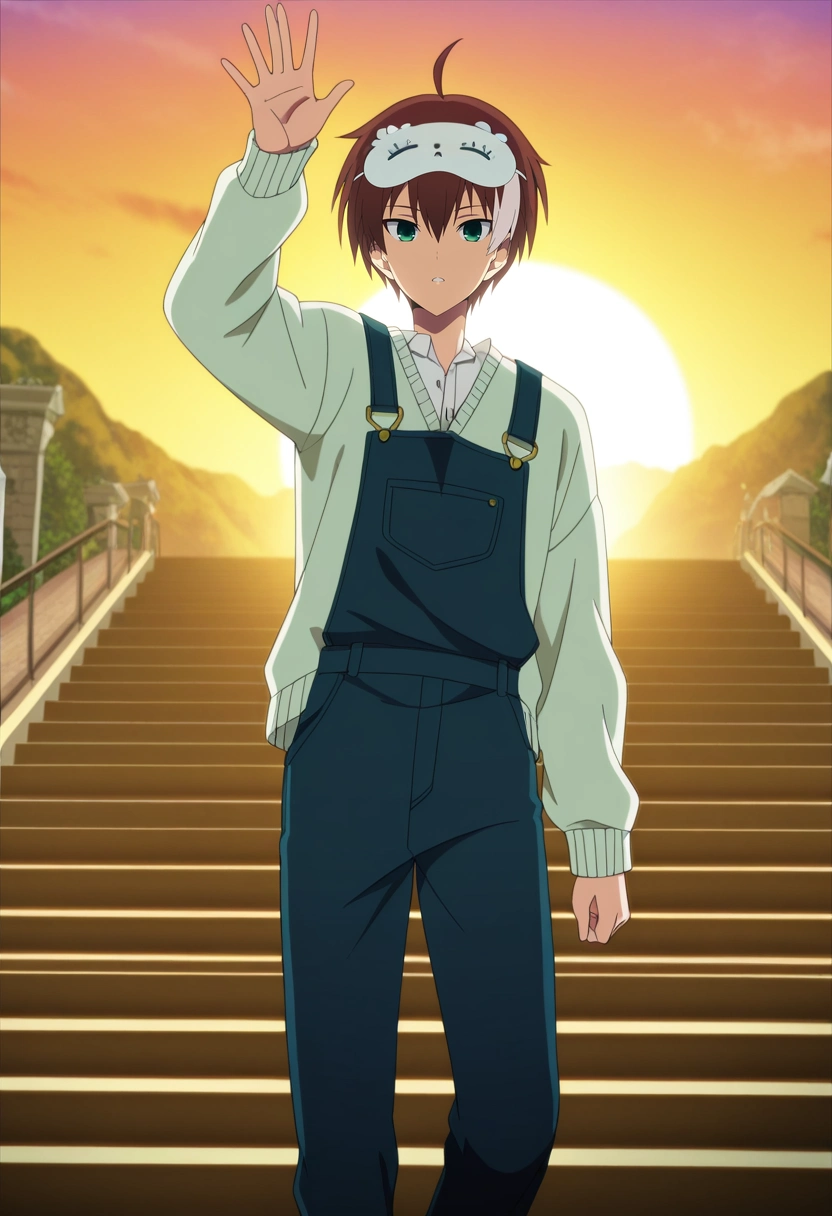 masterpiece, best quality, , anime screencap, anime coloring, official style,, 1boy, solo, male focus, <lora:akatsuki_iride_ilxl:0.96>, akatsuki_iride, brown hair, green eyes, short hair, ahoge, multicolored hair, two-tone hair, white hair, , civil rights march, waving signs, peaceful protesters, determined steps, marching pose, hopeful expression, morning sun, Overalls, Eyelet Toile Cardigan sweater, , , and andSleep Mask