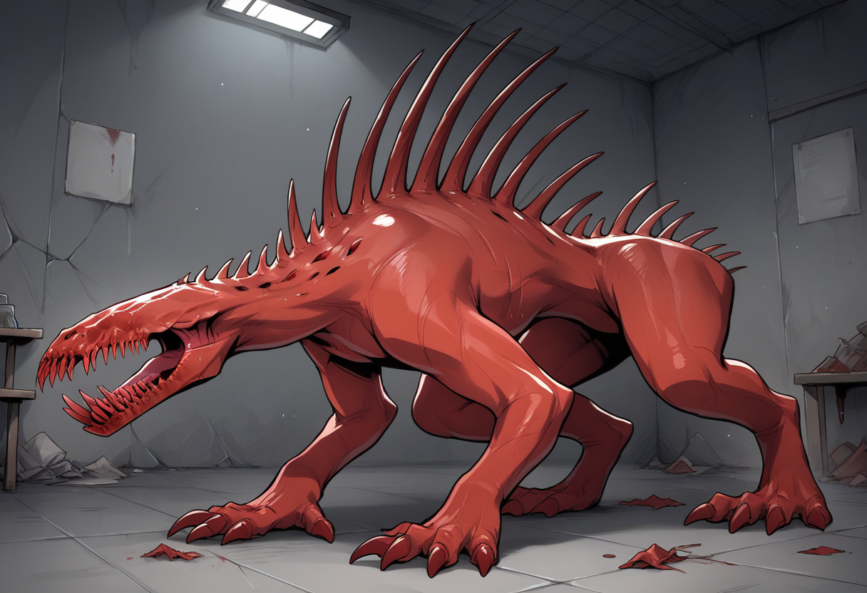 masterpiece, best quality, uncensored, source_anime BREAK score_9, score_8_up, score_7_up, score_6_up, score_5_up, score_4_up, 1girl, solo, scp-939, monster, no humans, feral, red skin, sharp teeth, claws, spikes, no eyes, veins, Expressiveh, indoors, dark, destroyed lab, abandoned lab <lora:Expressive_H:0.6> <lora:add-detail-xl:0.5> <lora:SCP-939:0.8>
