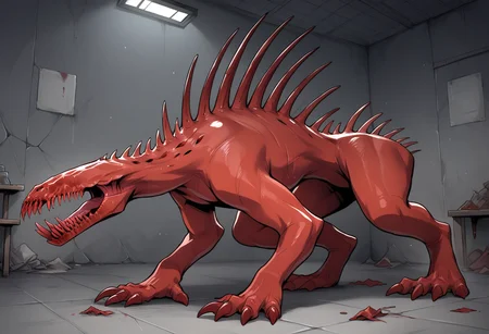 masterpiece, best quality, uncensored, source_anime BREAK score_9, score_8_up, score_7_up, score_6_up, score_5_up, score_4_up, 1girl, solo, scp-939, monster, no humans, feral, red skin, sharp teeth, claws, spikes, no eyes, veins, Expressiveh, indoors, dark, destroyed lab, abandoned lab <lora:Expressive_H:0.6> <lora:add-detail-xl:0.5> <lora:SCP-939:0.8>