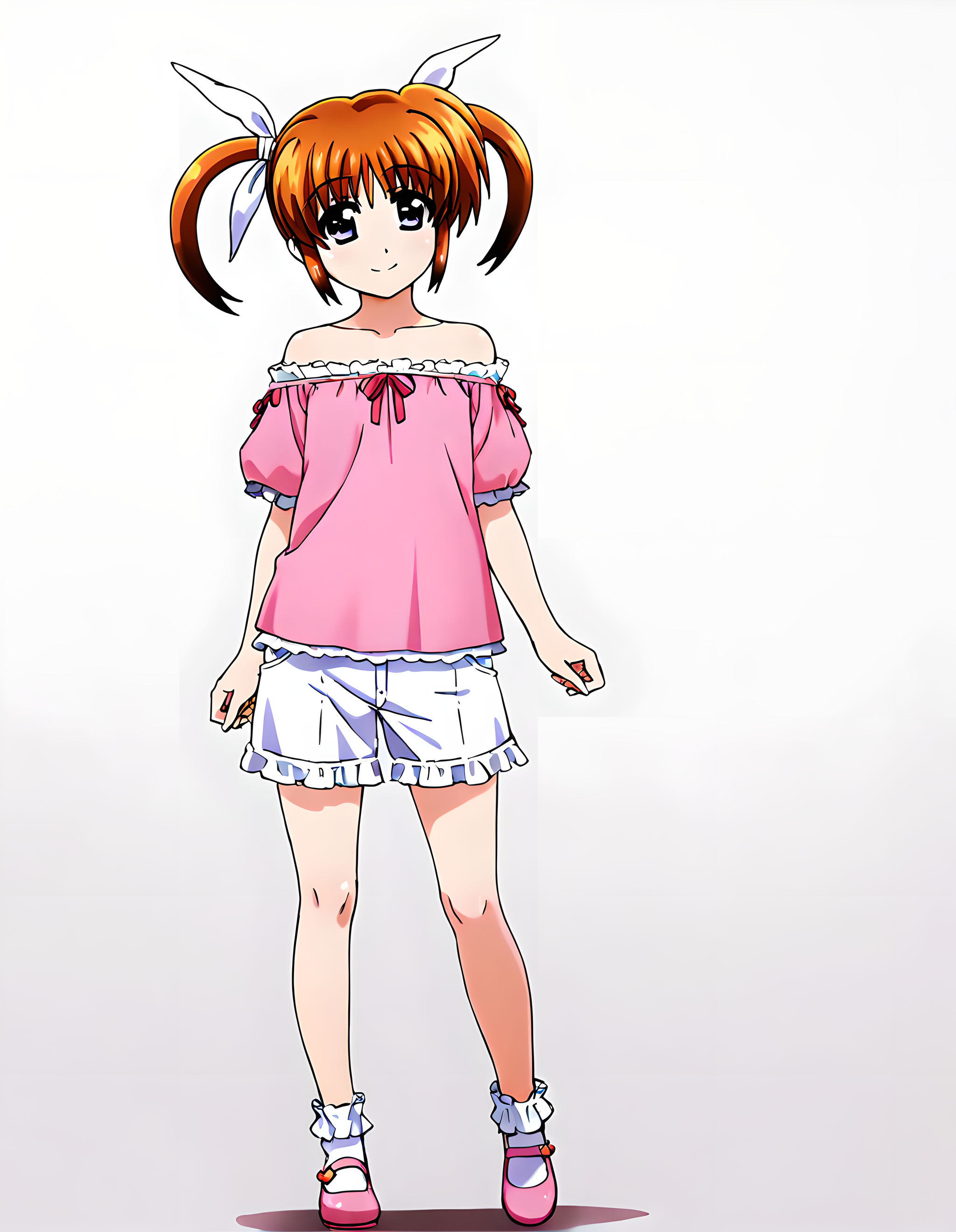 <lora:illustrious_XL_nanoha_v2:0.9>,nanoha,masterpiece,best quality,good quality,1girl,solo,pink clothes,off-shoulder_shirt,short_sleeves,white shorts,ankle_socks,mary_janes,frilled,smile,standing,full body,white_background,