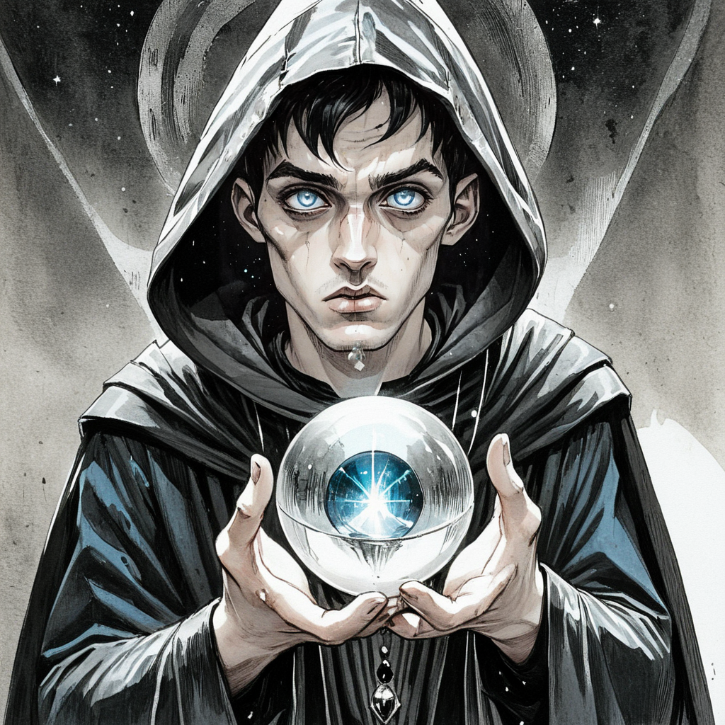 <lora:Monochrome_Graphic_EtchingSDXL:1> ArsMJStyle, Monochrome Graphic Etching, The image is a portrait of a young man wearing a black hooded cloak with a hood that covers his head. He is holding a crystal ball in his hands and appears to be in the process of casting it into the air. The man has long dark hair and is looking directly at the camera with a serious expression on his face. The background is dark and filled with stars and nebula giving the impression of a mystical and mystical atmosphere. The colors are vibrant and the overall mood of the image is intense and powerful., 1girl, solo, hood, blue eyes, black hair, looking at viewer, hood up, robe, upper body, realistic