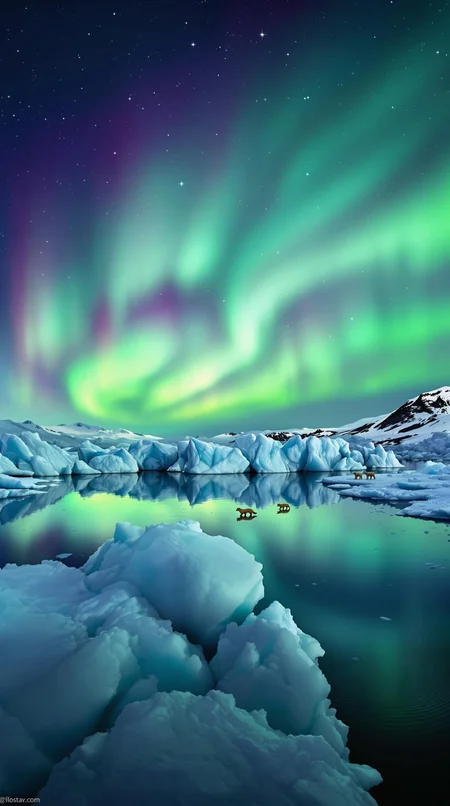 On the polar glacier, the azure icebergs reflect the aurora in the sky. Bands of green and purple lights dance in the night sky, with vast snowy expanses in the distance, dotted with a few leisurely walking Arctic foxes, creating a tranquil and mysterious scene.
