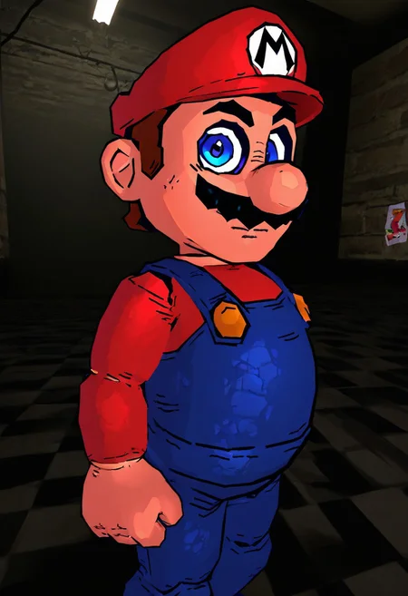 (masterpiece), (incredibly absurdres), best quality, vibapop style, lowpoly, retro, 1boy, solo, mario, red hat, red shirt, blue overalls, blue eyes,