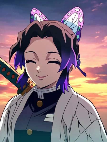 score_9, score_8_up, score_7_up, volumetric lighting, shinobu kocho, a woman with purple hair and a white jacket, 1girl, solo, smile, short hair, black hair, closed eyes, upper body, weapon, multicolored hair, japanese clothes, sword, gradient hair, katana, butterfly hair ornament, haori, demon slayer uniform, kochou shinobu, <lora:kimetsu_pony_v1-1_mx:0.8>