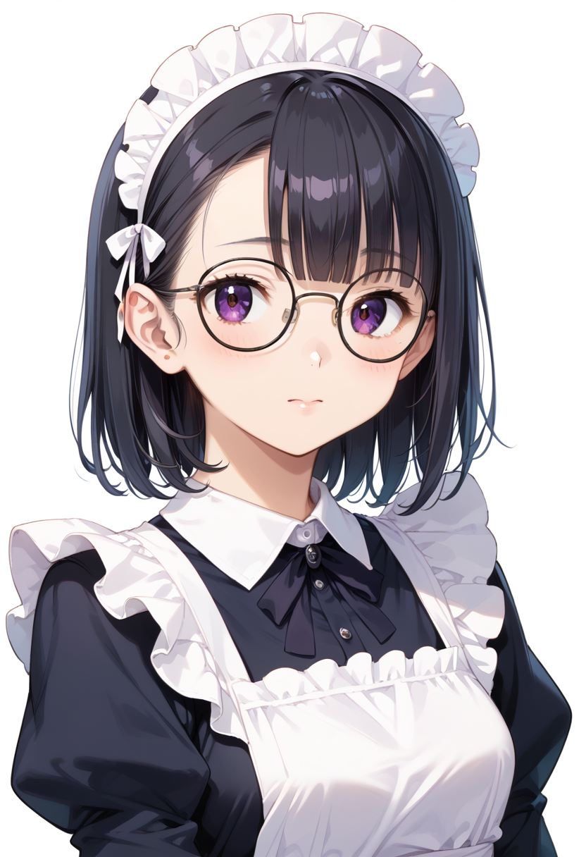 score_9, score_8_up, score_7_up, rating_safe, masterpiece, best quality, absurdres, unity 8k wallpaper, official art, official style, source_anime, uncensored, game cg, megami magazine,
1girl, solo, black hair, medium hair, upper body, covered eyes,maid, maid headdress, black dress, maid apron,
g-boston19A, glasses, simple background, white background, black-framed eyewear, upper body, face focus,
<lora:glasses_boston19A_PONY_V1:1>