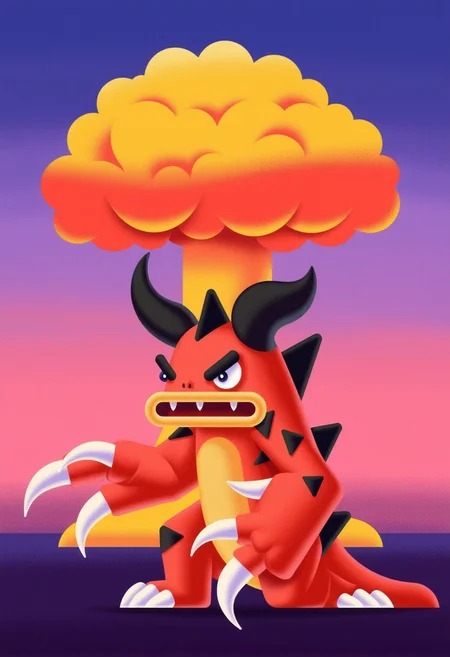 wh1m5y_style flat illustration, closeup of an adorable Deathclaw with an nuclear mushroom cloud behind it, post apocalyptic background, fallout vibe