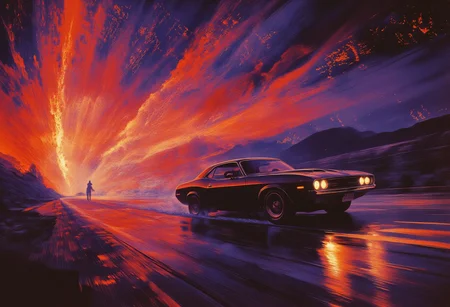 A sleek, dark vintage car speeding down a desolate highway, its form a silhouette against the breaking dawn. The road stretches infinitely into the horizon, glowing with streaks of vivid reds, electric purples, and cyans that bleed into the sky, casting an ethereal glow over the surreal landscape. Directional light from the rising sun creates dramatic contrasts, illuminating swirling mist that clings to the ground and refracting into shimmering light particles suspended in the air.
The car’s headlights pierce through the haze, their beams leaving long trails of light in the motion blur that streaks across the scene. Motion lines and a subtle stereoscopic effect emphasize the speed, making the image pulse with energy. In the foreground, the muscle car gleams with sharp focus, its chrome accents catching the kaleidoscope of dawn's colors. The elongated shadows of the car stretch across the asphalt, which is etched with, arcane symbols glowing faintly, hinting at a deeper mystery.Above, the sky with vivid hues swirling like a painted canvas, creating a surreal juxtaposition against the gothic desolation of the road. A lone silhouette stands at the side of the highway, barely discernible, their form shrouded in mystery. The entire scene exudes symbolism—speed, freedom, and the fleeting passage of time—while the haunting beauty of the dawn suggests both an ending and a beginning. The motion and vivid colors pull the viewer into a dreamlike, cinematic moment frozen in time.