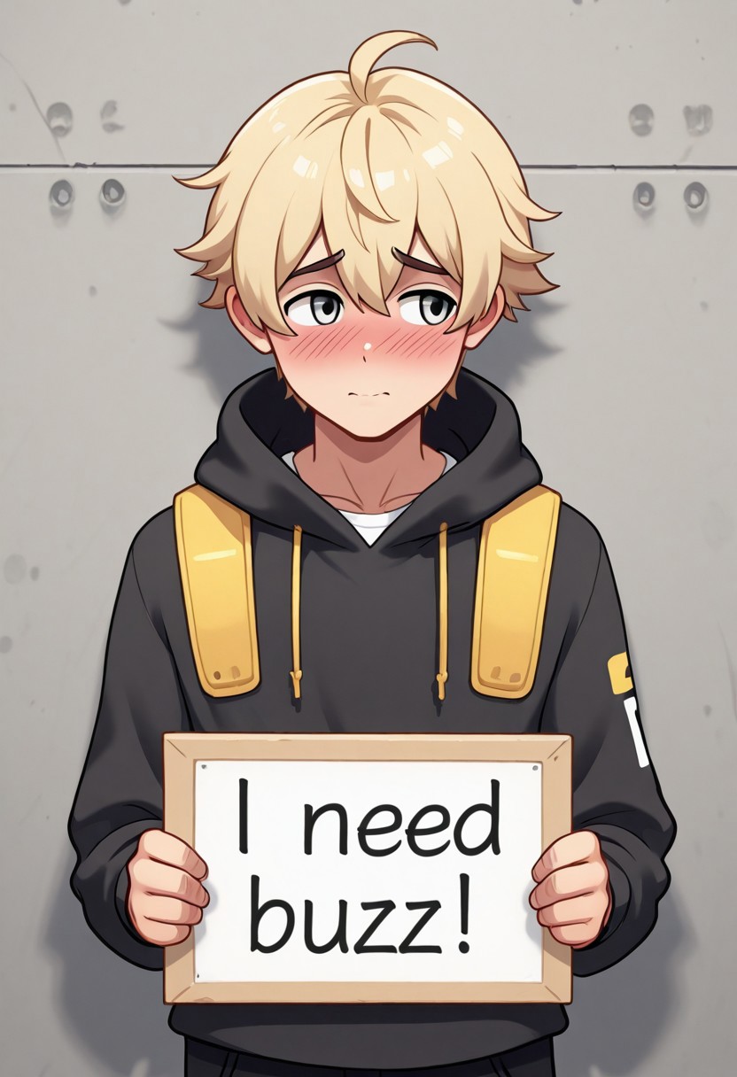 masterpiece, need_buzz, holding sign, 1boy, solo, male focus, blonde hair, silver eyes, shy, looking away
