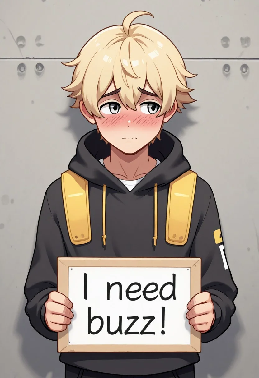 masterpiece, need_buzz, holding sign, 1boy, solo, male focus, blonde hair, silver eyes, shy, looking away
