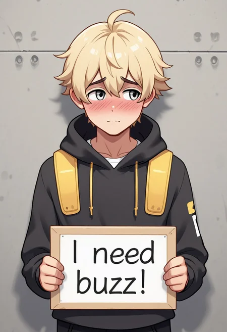 masterpiece, need_buzz, holding sign, 1boy, solo, male focus, blonde hair, silver eyes, shy, looking away