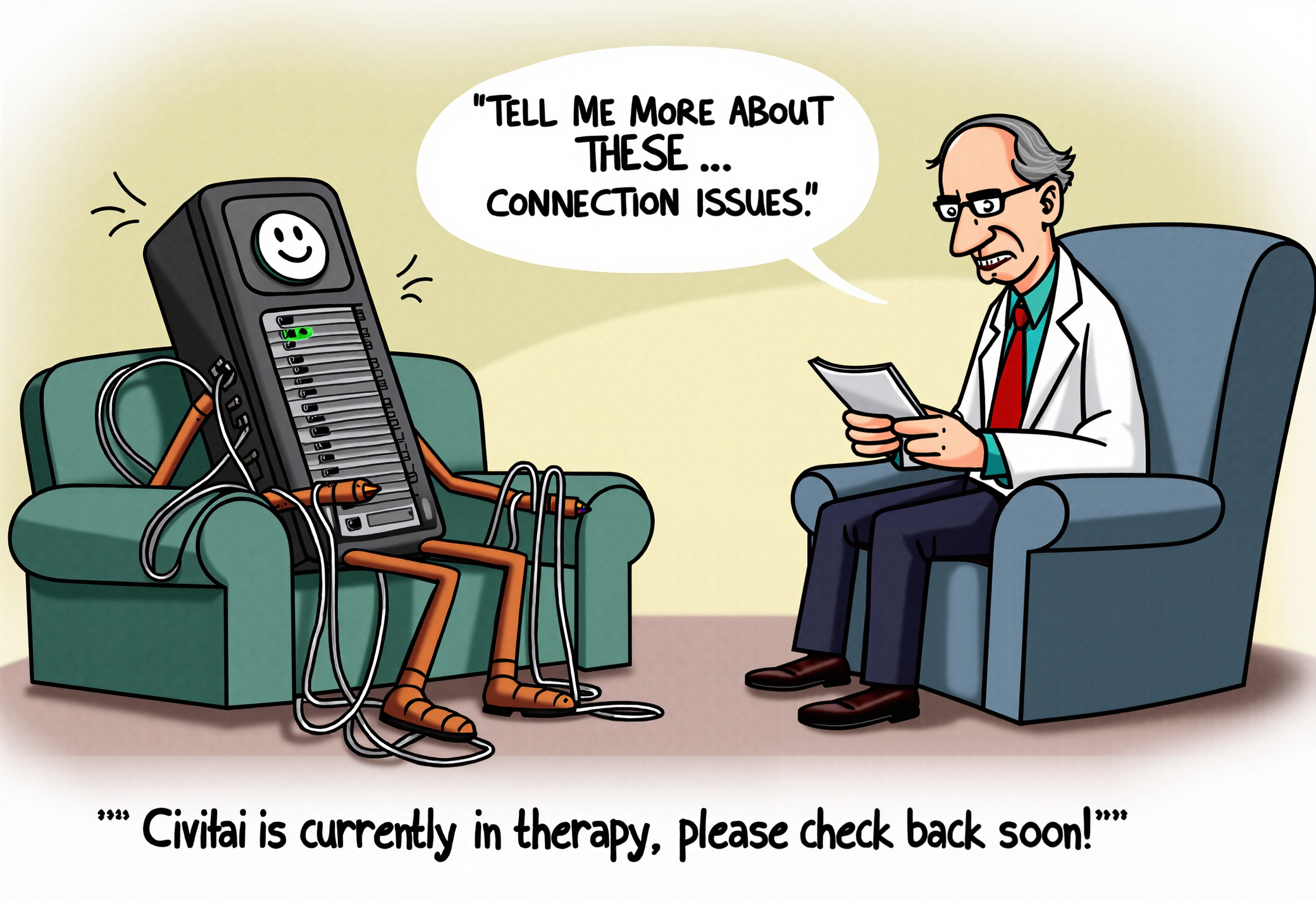 A cartoonish scene of a computer server sitting in a therapist's office, lying on a couch, talking to a doctor who is taking notes. The server looks stressed, with cables tangled like nerves, and a power button that resembles a worried face. The doctor, a wise old CPU with glasses, says, 'Tell me more about these... connection issues.' The text at the bottom reads, 'Civitai is currently in therapy, please check back soon!' in a quirky, playful font.