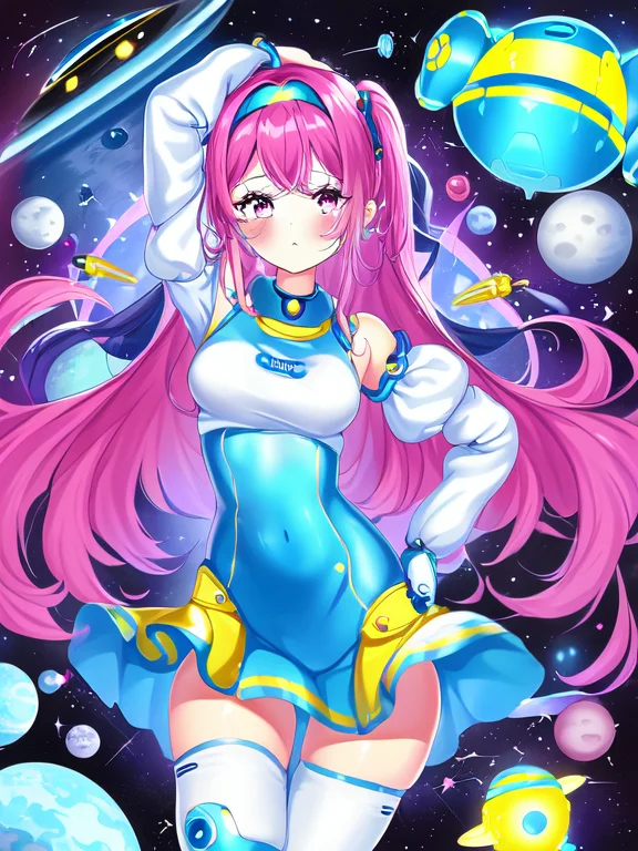 sadness,  solo, 1girl, robotic, outer space background, eyes,waist, thighs, retro, hair,  arms, hands, cyan, magenta, yellow, masterpiece, by narae