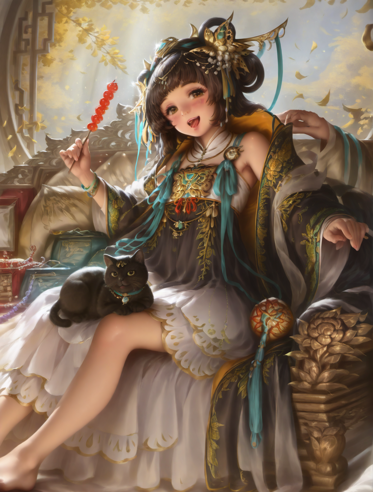 masterpiece,best quality,amazing quality,very aesthetic,high resolution,ultra-detailed,absurdres,newest,volumetric lighting BREAK <lora:BUFFv2.2:1>,<lora:NOOB_vp1_detailer_by_volnovik_v1:1>,covered nipples,running incoming,((looking at viewer:1.4)),smile,blush,open mouth,off shoulder,bare shoulders,shiny skin,1girl,((show power:1.8)),motion lines,feet focus,<lora:dongbai:1>,1girl,black hair,brown eyes,brown hair,cat,chinese clothes,hair ornament,hair rings,holding food,jewelry,long hair,looking at viewer,sitting,tongue,tongue out,solo,full body,
