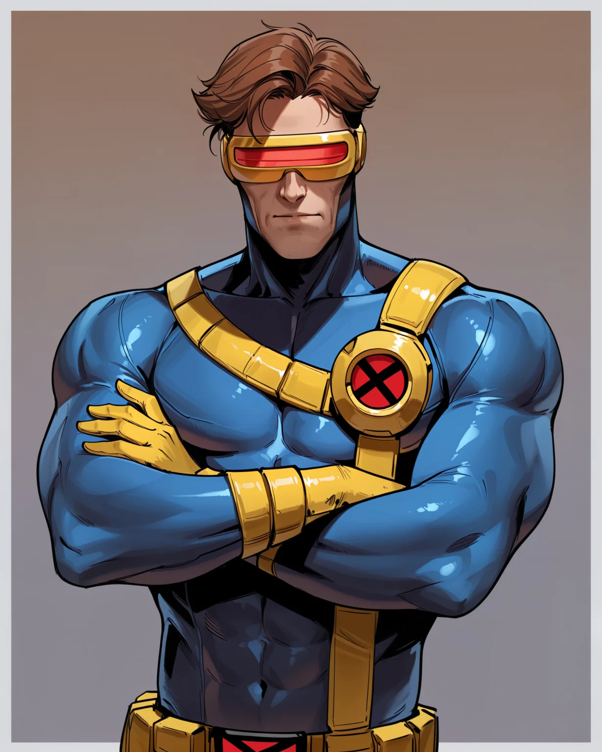 masterpiece,best quality, cartoon,,gradient_background, white_border, 1boy, solo, CyclopsX-Men, chest_harness, bodysuit, blue_bodysuit, yellow_gloves, brown_hair, short_hair, goggles, facing_viewer, proud, standing, crossed_arms, portrait, close shot, muscular, red visor,